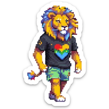 retro 1950s anthropomorphised lion in a t-shirt and shorts, walking sticker