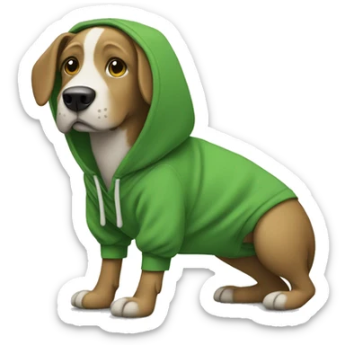 Dog wearing a green hoodie and crocs sticker