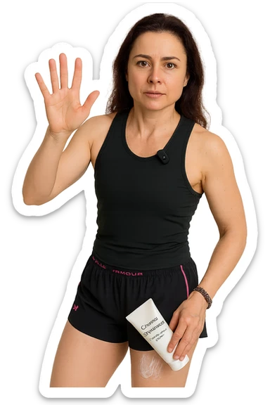 Donna con cellulite sulle cosce che usa una crema chiamata "Crema snellente" sticker