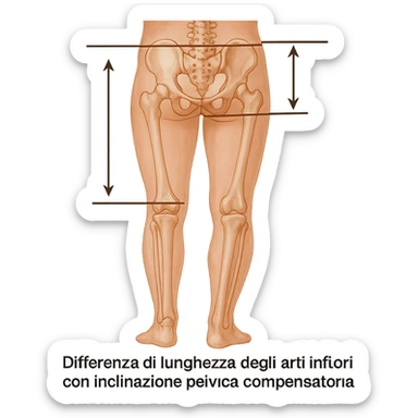 Medical style hyperrealistic posterior view highlighting the difference in leg length: one leg visibly shorter than the other, pelvis tilted for compensation. Add arrows, reference lines, and an anatomical caption in Italian to make the concept immediately understandable. Remove background. Variation 2. sticker