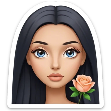 Glamours, tanned, very beautiful girl, with big pump peach-beige-rose lips, long long lashes, black straight smooth silky long hair, straight parting hair, blue-grey eyes sticker