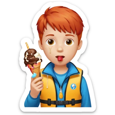 boy kid red haired wearing life jacket, eating ice cream sticker