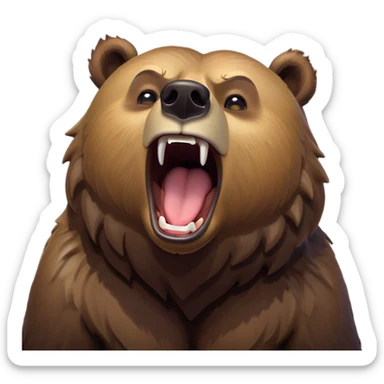 Cinematic Cute Yawning Grizzly Bear Portrait Emoji, Head tilted slightly with a dramatic, wide-open yawn, showcasing a thick, rugged deep brown fur with drooping ears, round eyes barely open in drowsy contentment, Simplified yet irresistibly adorable features, highly detailed, glowing with a soft, cozy glow, high shine, relaxed yet expressive, stylized with a touch of wild whimsy, bright and endearing, soft glowing outline, capturing the essence of a sleepy yet affectionate grizzly, so drowsy it feels like it could stretch out of the screen and curl up for a nap! sticker