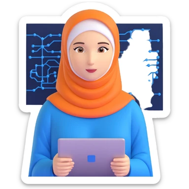woman with white hijab in blue outfit, looking forward, with programming code, algorithms, binary data flows, software development tools, database structures, coding syntax highlighting, computer science symbols, and computing diagrams surrounding her sticker