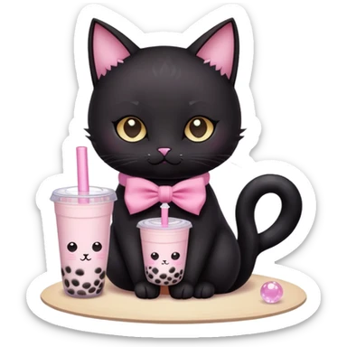 creami un gatto nero che legge i tarocchi con i cristalli con un fiocco rosa e un bubble tea  in mano ￼ sticker