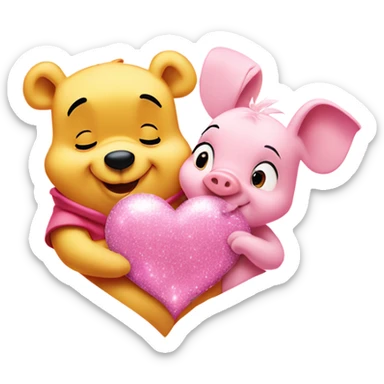 Winnie the Pooh and Piglet with sparkles in a pink heart sticker