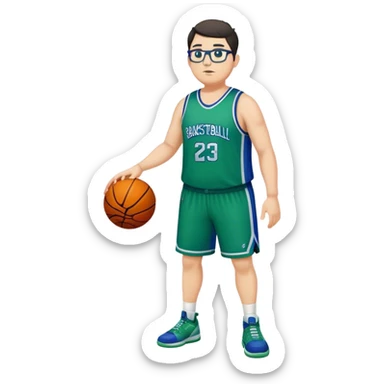 Full Body tall plus size white male with dark short hair basketball player wearing glasses wearing blue green uniform sticker