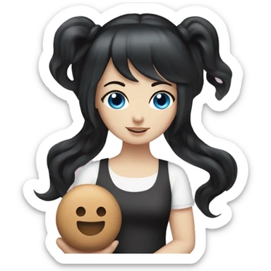 white Girl with black hair and blue eyes playing with plushy sticker
