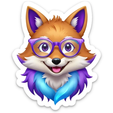 A magical fox with shimmering purple and blue fur, a glowing tail, a silver star on its forehead, and round glasses, laughing so hard that tears are streaming from its eyes sticker