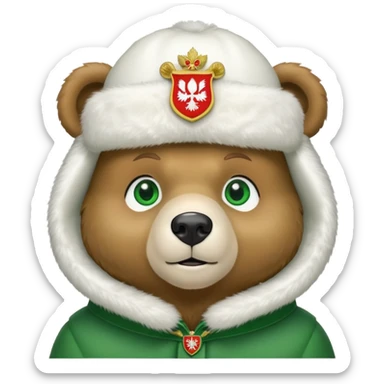 Sweet, cartoonish bear face with large green eyes, wearing white fur ushanka hat with accurate Russian Federation coat of arms centered, iOS emoji style sticker