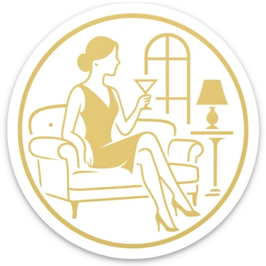 premium logo in a circular shape, featuring a golden silhouette of a woman with a martini glass, surrounded by elegant interior elements like a couch and side table. Black and gold color scheme, vector-style, clean lines sticker