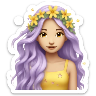 Beauty, long hair with little stars, flower fairy, yellow, lilac, garden sticker