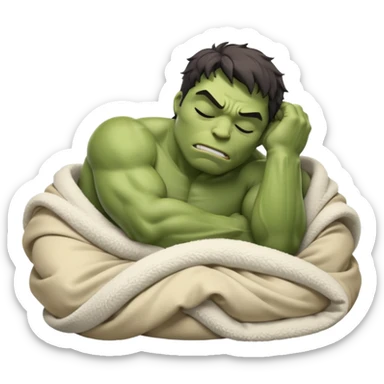 Incredible hulk curled up like a cat sleeping lying down in bed under blanket eyes closed sticker