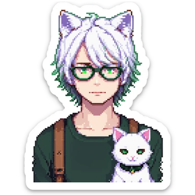 An anime guy with white hair, white cat ears, green eyes, and glasses, only head sticker