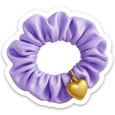 Add a small gold heart charm to the pastel purple silky scrunchie, keep the 3D emoji style and shimmer effect. The style is 3D emoji with a shiny, smooth, and realistic look. Remove the background. sticker