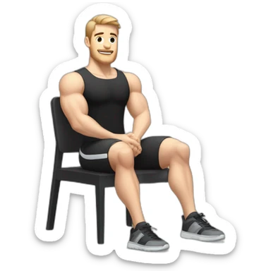 Pale skinned Fit Man With the biceps and dark brown hair in black shirt, gray sports shorts and white Sneakers Sitting on a chair sticker