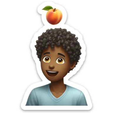 curly hair boy licking a peach sticker