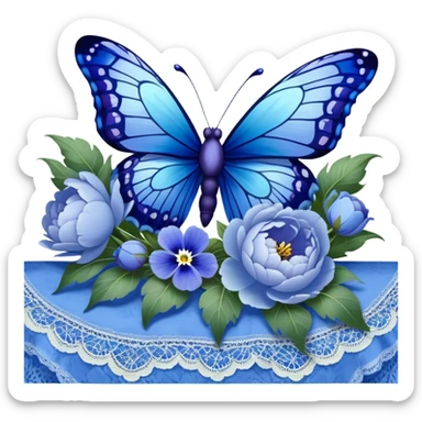 A radiant butterfly with ocean blue and periwinkle wings, adorned with intricate patterns resembling stained glass, fluttering around a bouquet of lush, ruffled pastel blue peonies and velvety royal blue pansies, resting on a vintage lace tablecloth. sticker