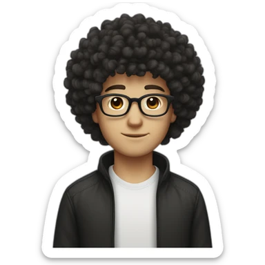 white boy white skin and squared jawline with back colored afro curly black hair and squared glasses sticker