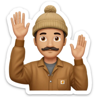 Woodworker thick straight mustache knit cap Carhartt shirt, one hand raised above head small eyes sticker