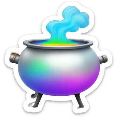 Cauldron with rainbow potion and white steam, under the kettle are fire sticker