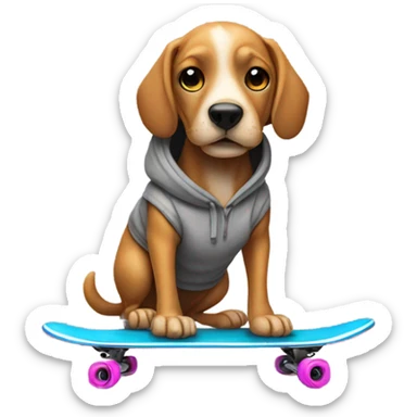 Dog standing on a skateboard wearing a hoodie sticker