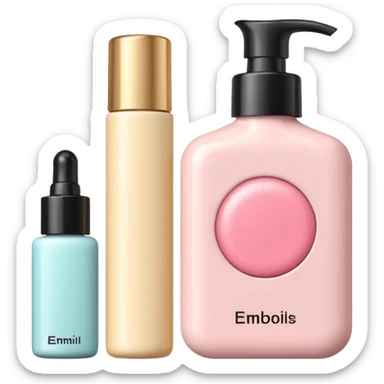 emoji of three different beauty products, with brand labels, minimalistic but luxury design (realistic), pastel colors sticker