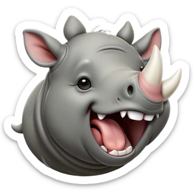 Cinematic Cute Yawning Rhinoceros Portrait Emoji, Head tilted slightly with a dramatic, wide-open yawn, showcasing a soft, textured slate-gray hide with a slightly drooping white horn and eyes barely open in drowsy contentment, Simplified yet irresistibly adorable features, highly detailed, glowing with a soft, cozy glow, high shine, relaxed yet expressive, stylized with a touch of rugged whimsy, bright and endearing, soft glowing outline, capturing the essence of a sleepy yet affectionate rhinoceros, so drowsy it feels like it could stretch out of the screen and curl up for a nap! sticker