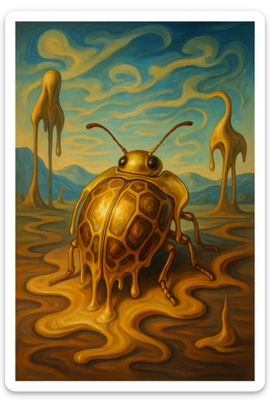 Golden Tortoise Beetle with a tortoise shell-like carapace, Dali-inspired surreal art style, melting forms, dreamlike landscape, imaginative and surreal sticker