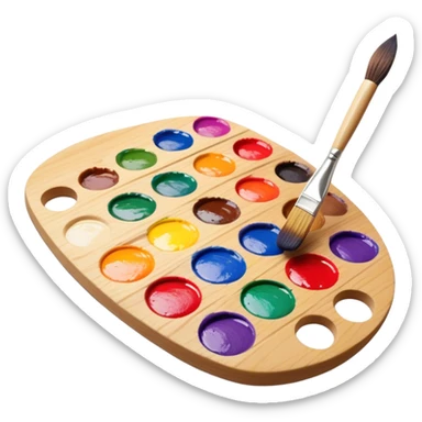 Cinematic Realistic image of a vibrant paint palette and brush, featuring a wooden palette smeared with an array of richly blended colors and a finely detailed brush with soft, delicate bristles, set against a softly textured background that evokes artistic inspiration sticker