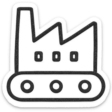 Google Material Design icon for 'Mass Production' illustrating a minimalist factory icon or simplified production line sticker