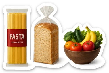 pacco di pasta realistico, pacco di pane, bowl di frutta e verdura, 4k sticker