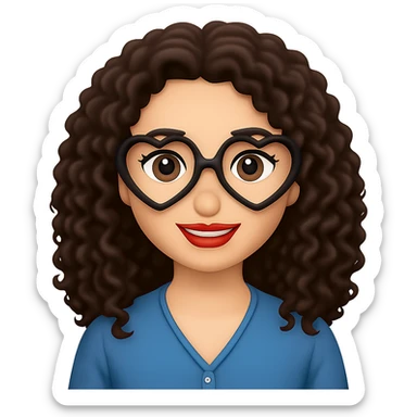 Change to heart-shaped glasses, keep lady with long dark brown curly hair, in emoji style with no background. sticker