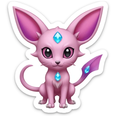 Espeon pokemon light pink body color with dark pink jewel in middle of forehead, spilt at end tail, two ear like flaps coming out 
of cheeks, inside of big pointy ears is blue
 
(full body) sticker