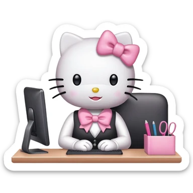 Hello Kitty working at office desk with computer sticker