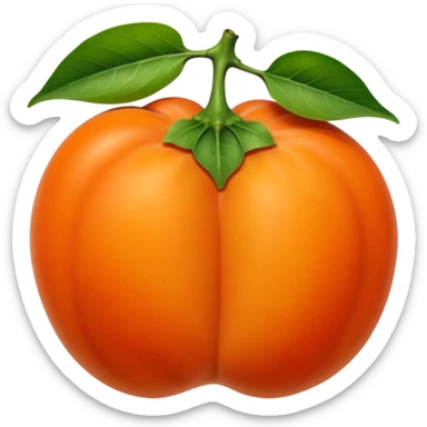 whole persimmon fruit with smooth glossy orange skin, flattened round shape, green leafy calyx on top with soft folds and natural texture, slightly dimpled surface suggesting ripeness and firmness, no leaf cut or extras, soft lighting, subtle shadows, emoji scale sticker