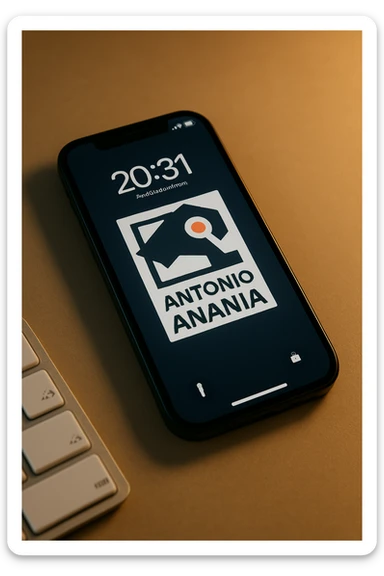 A photo of an iPhone with the message "Antonio Anania" on its screen, The phone sits atop a desk with a blurred background that suggests work environment. A faint glow from above casts gentle shadows across the surface of each object, creating depth and highlighting their textures sticker
