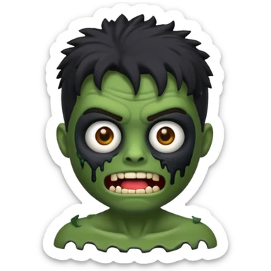 Quero um emoji de zumbi masculino, com cabelo preto, estilo desenho 3D como emoji, na mesma pose com as mãos levantadas para frente, expressão de zumbi com boca aberta e olhos meio caídos, pele verde acinzentada e roupa rasgada sticker
