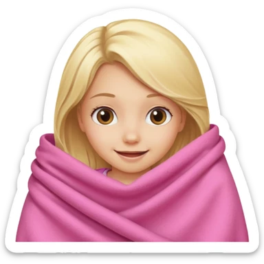 smiling blonde girl peeking out of a pink blanket sticker
