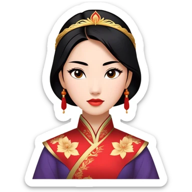 Cinematic Majestic Mulan Portrait Emoji, rendered in a clean, vector-style with bold, simplified shapes. Depict Mulan with a serene, noble expression, warm light skin, and neatly styled black hair, dressed in traditional attire featuring subtle red motifs and gold trim. The image glows with a calm, majestic aura, high shine, and a soft glowing outline, embodying classic elegance. sticker