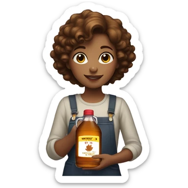 girl with short brown curly hair ,hlding a bottle of maple syrup sticker