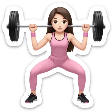 white happy brunette teen long hair with hazel eyes in light pink workout clothes holding a barbell bending over sticker
