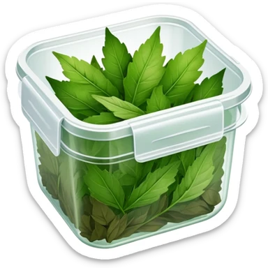 small plastic container with green dried herbal leaves which are clumped together sticker