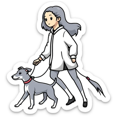 Japanese girl with flowing hair walking a solid grey greyhound with no white markings sticker