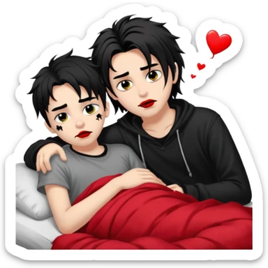pale Goth boy with a bunch of face piercings, with shaggy dark brown hair, and messy black eyeliner , smudged, red, lipstick , having a slumber party with a tan gamer boy with long black hair  sticker