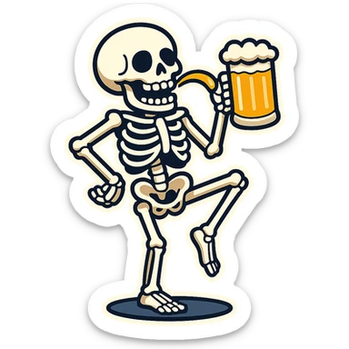 Create another variant of a skeleton drinking a beer while balancing on one leg like a flamingo, in a cartoon sticker style. The style should mimic cartoonish stickers with bold outlines and vibrant colors. sticker