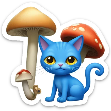 Blue cat in forest with mushroom hat and stick with snail on it  sticker