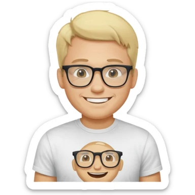 portrait of adult man no old man, wearing a t-shirt, square glasses, grinning face, blond hair sticker