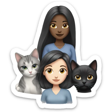 White girl black hair long with two cats, one Russian blue and one gray sticker