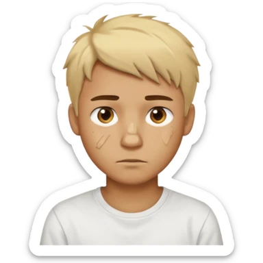 Male with short, messy blonde hair, large expressive golden-brown eyes, brown skin color, scar over nose, wearing a plain white t-shirt. sticker